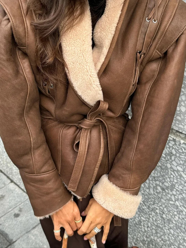 Chic Furry Leather Jacket for Women – Belted Motorcycle Coat